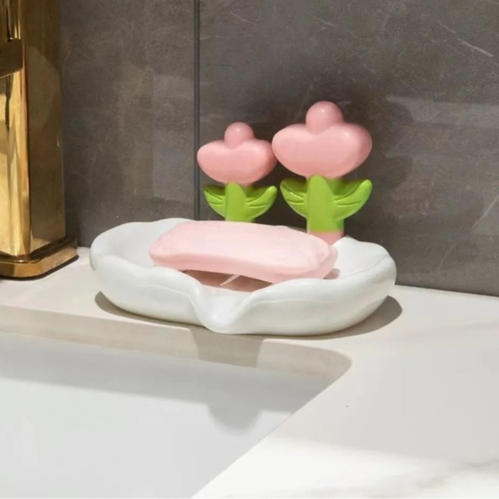 Cute Flower Soap Dish White & Pink ABS Soap Holder Tray | Floral Design for bath